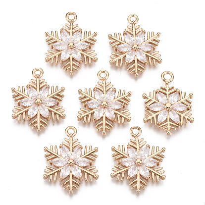 Christmas Brass Micro Pave Cubic Zirconia Links Connectors, Long-Lasting Plated, Snowflake, Light Gold