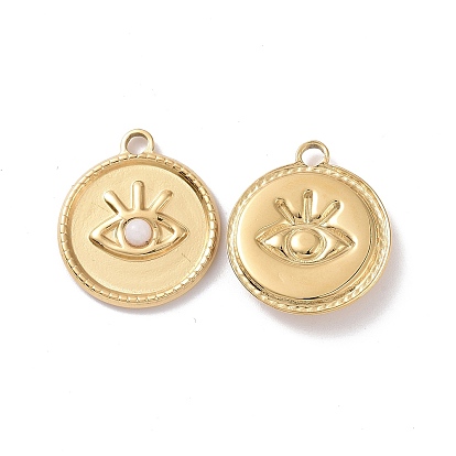 Gemstone Pendants, with Ion Plating(IP) Real 18K Gold Plated 304 Stainless Steel Findings, Flat Round Charm with Eyes