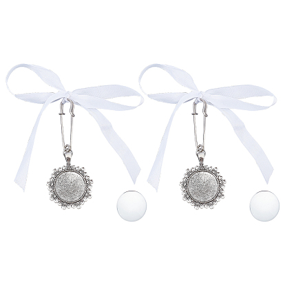 2Pcs Flat Round Flower Alloy Charm Brooch with Satin Ribbon Bowknot, Safety Pins Lapel Pins for Backpack Clothes