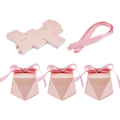 Folding Cardboard Candy Boxes, Weddign Gift Wrapping Box, with Ribbon, Polygon with Gold Stamping Word Thanks