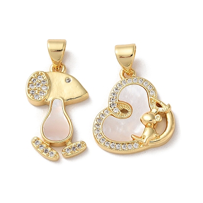 Brass Micro Pave Clear Cubic Zirconia Pendants, Cadmium Free & Lead Free, with Shell, Real 18K Gold Plated