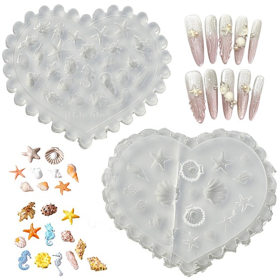 4Pcs 2 Styles 3D Ocean Style Nail Art Silicone Molds, for Nail Art Tips Decoration, Heart