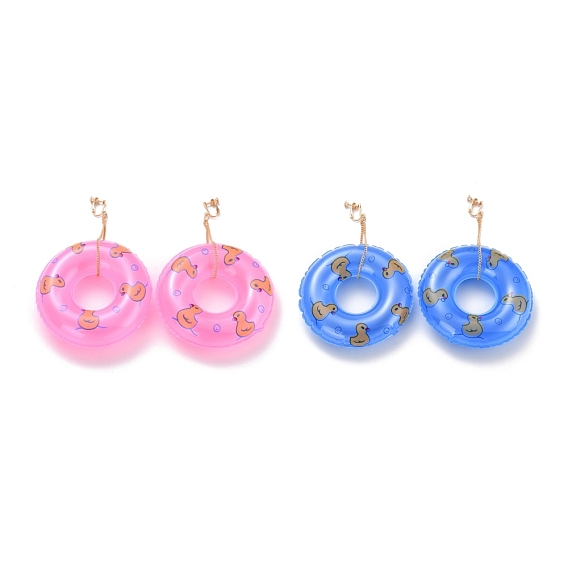 Duck Pool Float Dangle Clip-on Earrings for Non Piercing, Chain Tassel with Inflatable Swin Pool Drop Earring, Big Pendant Earrings, Rose Gold