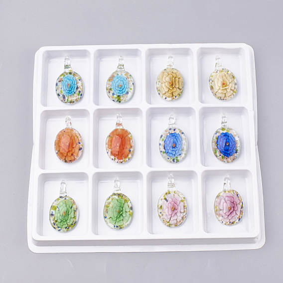Handmade Gold Sand Lampwork Pendants, Inner Flower, Oval