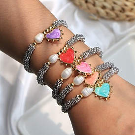 Браслеты с подвесками в виде сердечек из латуни с эмалью, Натуральные бусины из пресноводного жемчуга, эластичные украшения для женщин., платиной и золотом