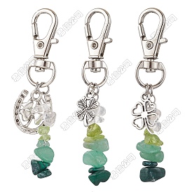 12 piezas 3 estilos de peridoto natural y cristal de cuarzo y aventurina verde y adornos colgantes con chips de malaquita, Dijes de aleación con forma de trébol y cierre giratorio para adornos de bolsos