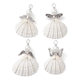 4Pcs 4 Styles Copper Wire Wrapped Shell Pendants, Angel Charms with Glass Pearl Beads & Alloy Wings