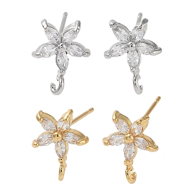 Brass Micro Pave Cubic Zirconia Studs Earring Findings, Long-Lasting Plated, Lead Free & Cadmium Free, Flower