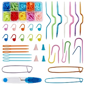 Conjunto de herramientas de tejer, con soportes de costura de cable de aluminio, clip de aguja de puntada de plástico, tijeras de coser, tapas de agujas de tejer y ganchillos