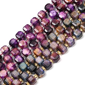 Природных тигровый глаз бисер нитей, граненые настольные бусины в форме куба, окрашенная и подогревом, с бисером