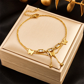 Double-layered Diamond Butterfly Fringe Chain Anklet with Metal Cool-tone and High-end Style