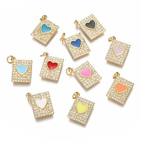 Brass Micro Pave Clear Cubic Zirconia Pendants, Long-Lasting Plated, with Jump Rings & Enamel, Rectangle with Heart, Real 18K Gold Plated