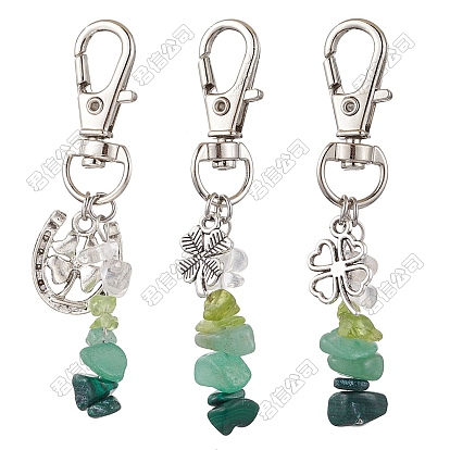 12 piezas 3 estilos de peridoto natural y cristal de cuarzo y aventurina verde y adornos colgantes con chips de malaquita, Dijes de aleación con forma de trébol y cierre giratorio para adornos de bolsos