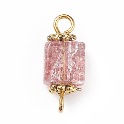 Crackle Glass Connector Charms, with Golden Tone Alloy Beads, Square