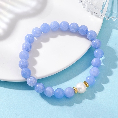 Браслеты из натуральных окрашенных синих кружевных бусин агата для женщин, круглые, с бусиной из натурального культивированного пресноводного жемчуга