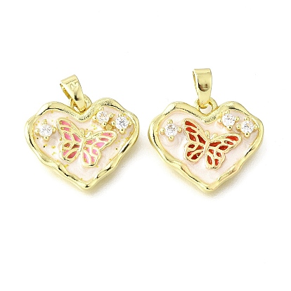 Латунные микропроволочные кубические циркониевые подвески из эмали, сердце с бабочкой, долговечный, без свинца и без кадмия, стойки покрытие