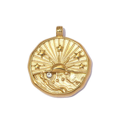 304 подвески из нержавеющей стали, плоский круглый с подвесками в виде солнца, со стразами, ионное покрытие (ip), зеркальная полировка