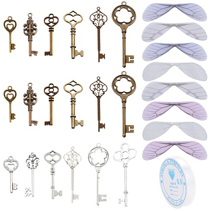 Tibetan Style Pendants, Lead Free and Cadmium Free, Skeleton Key Pendants, with Organza Fabric
