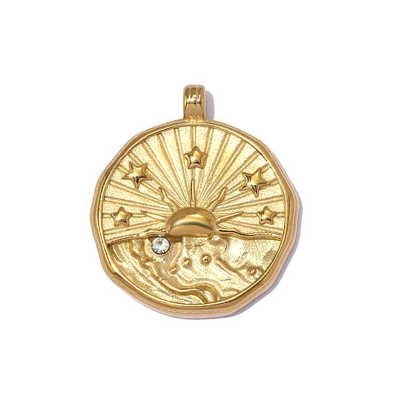 304 подвески из нержавеющей стали, плоский круглый с подвесками в виде солнца, со стразами, ионное покрытие (ip), зеркальная полировка