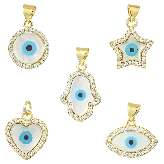 5 шт 5 стили латунные подвески из микропаве с фианитом, злые глаза, с оболочкой, золотые