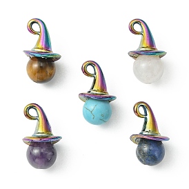 Mixed Gemstone Pendants, Round Charms, with Rainbow Color Plated Alloy Witch Hat Pendant Bails