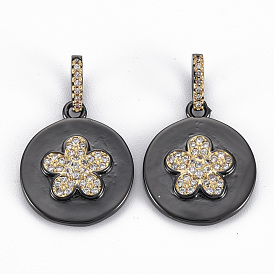 Brass Micro Pave Clear Cubic Zirconia Pendants, Nickel Free, Real 16K Gold Plated, Flat Round with Flower
