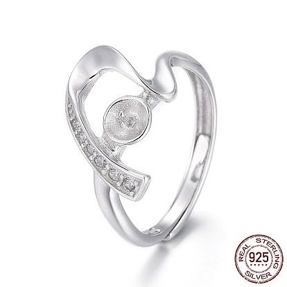 Adjustable 925 Sterling Silver Finger Ring Components, For Half Drilled Beads, with Micro Pave Cubic Zirconia, Heart