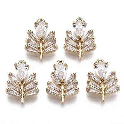 Brass Micro Pave Cubic Zirconia Pendants, Leaf with Teardrop, Long-Lasting Plated, Light Gold