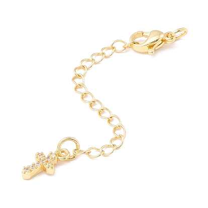 Brass Micro Pave Cubic Zirconia Chain Extender, with Stainless Steel Lobster Claw Clasps and Cross Charm, Long-Lasting Plated