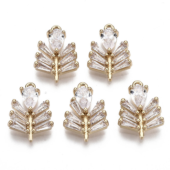 Brass Micro Pave Cubic Zirconia Pendants, Leaf with Teardrop, Long-Lasting Plated, Light Gold