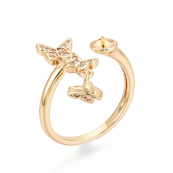 Кольца-манжеты с бабочками из латуни с микропаве из прозрачных кубических цирконий, для полуполых бусин 