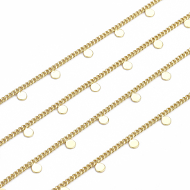 Handmade Brass Curb Chains, with Flat Round Charms and Spool, Soldered, Long-Lasting Plated