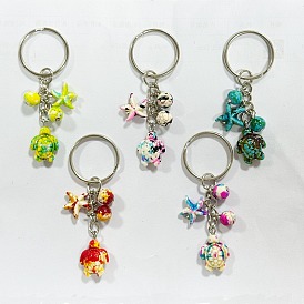 5pcs porte-clés turquoise synthétique, tortue et étoile de mer, avec les accessoires en fer