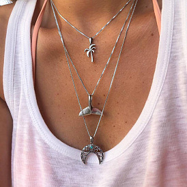 Jewelry Retro Ancient Silver Whale Tail Geometric Moon Turquoise Beach Coconut Tree Three Layer Necklace