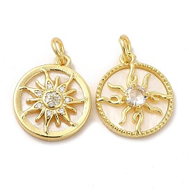 Rack Plating Brass & Cubic Zirconia Pendants, with Plastic Findings & Jump Ring, Lead Free & Cadmium Free, Long Lasting Real 18K Gold Plated, Flat Round with Sun Pattern Charm