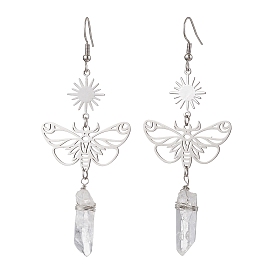 201 Stainless Steel Butterfly Dangel Earrings, with Natural Quartz Crystal Beads