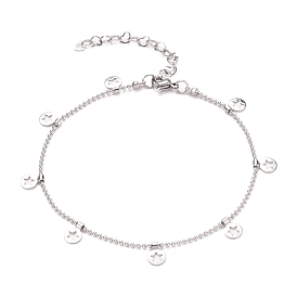 304 Stainless Steel Flat Round with Star Charm Anklets, with Ball Chains and Lobster Claw Clasps