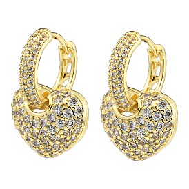 Cubic Zirconia Heart Dangle Hoop Earring, Brass Earrings for Women
