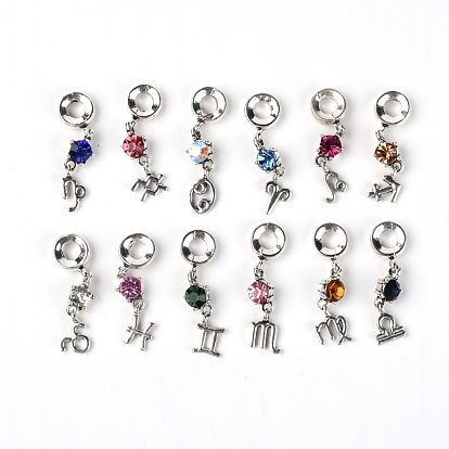 12 Pcs Zinc Alloy Pendants, with Glass Rhinestone, Constellation