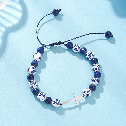 201 из нержавеющей стали ссылка браслеты, Браслеты из бисера ручной работы из фарфора, керамики и натурального лазурита для женщин, латинский поперечный крест