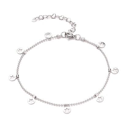 304 Stainless Steel Flat Round with Star Charm Anklets, with Ball Chains and Lobster Claw Clasps