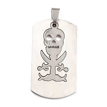 201 Stainless Steel Pendants, Split Dog Tag Pendant, Rectangle with Skull