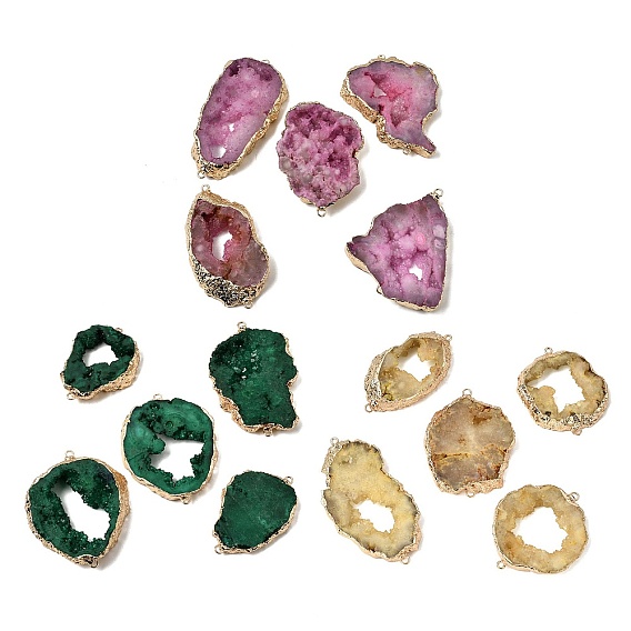 Окрашенные натуральные срезы друзового агата, самородки, звенья, соединители, подвески, с латунной кромкой, золотые
