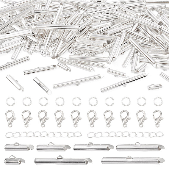 Jewelry Findings Kits, including 140Pcs Iron Slide On End Clasp Tubes, 70Pcs Zinc Alloy Lobster Claw Clasps, 70Pcs Iron Ends with Twist Chain Extension, 280Pcs Brass Jump Rings