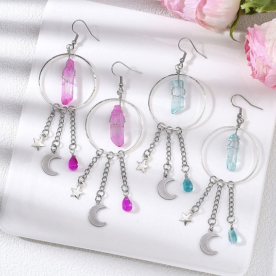 2 серьги-подвески из натурального кварцевого кристалла в форме луны и звезды, с 304 крючками и цепями из нержавеющей стали, цвет нержавеющей стали