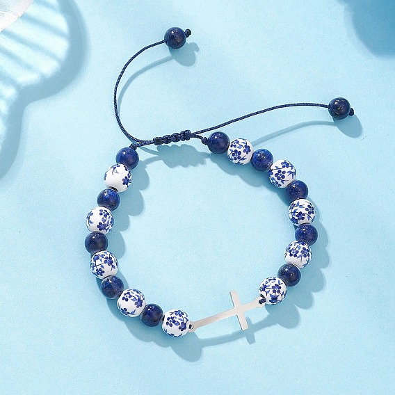 201 Stainless Steel Link Bracelets, Handmade Porcelain Ceramic & Natural Lapis Lazuli Beads Braided Bead Bracelets for Women, Latin Sideways Cross