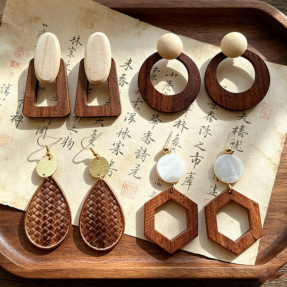 Pendientes colgantes de madera y aleación, dorado