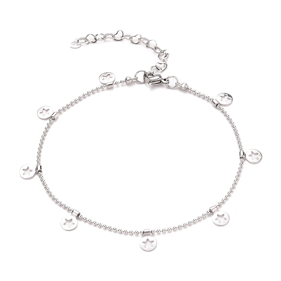 304 Stainless Steel Flat Round with Star Charm Anklets, with Ball Chains and Lobster Claw Clasps