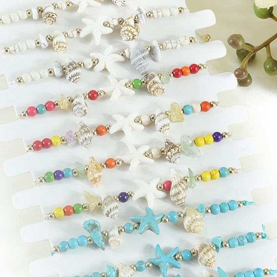 Летние пляжные окрашенные синтетические бирюзовые морские звезды, плетеные браслеты из полиэстера с бусинами, регулируемые браслеты в форме ракушки в стиле бохо для женщин и мужчин