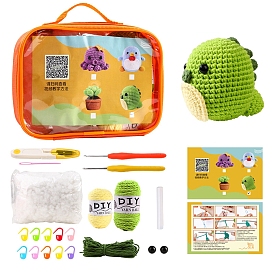 3D Dinosaur Knitting Beginner Kits, including Cotton Filler, Crochet Hook, Stitch Marker, Craft Eye, Yarn, Big Eye Needle, Scissor, Hot Melt Glue Stick, Instruction